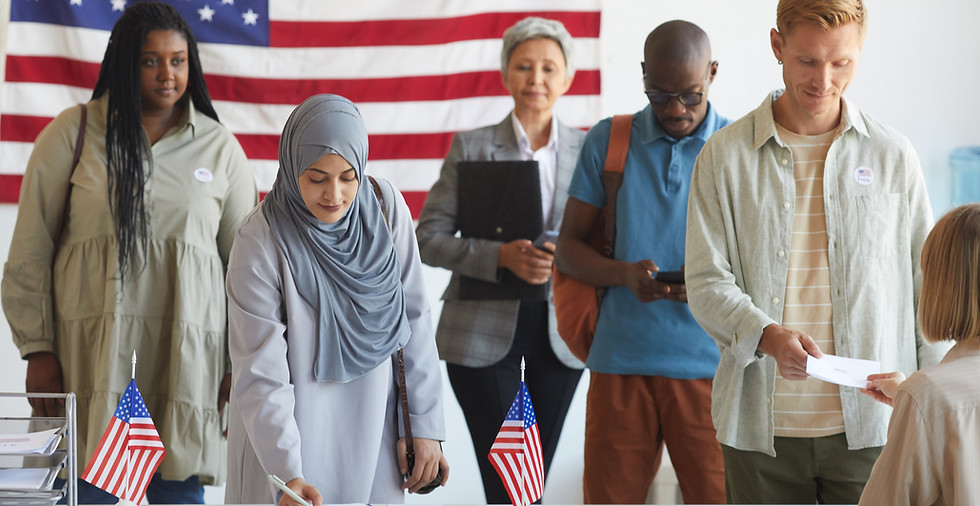 Multi-ethnic group of people registering at polling station decorated with American flags 